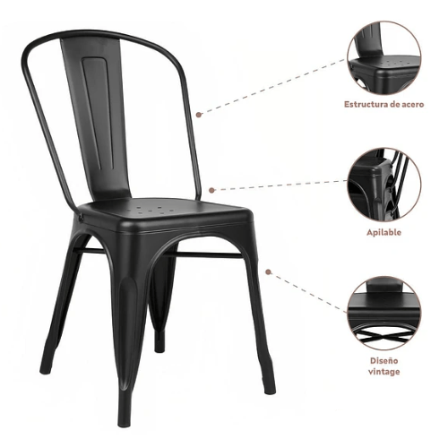 Comedor Mesa Tolix 80x80cm + 4 sillas Tolix Negras - Relámpago.Shop