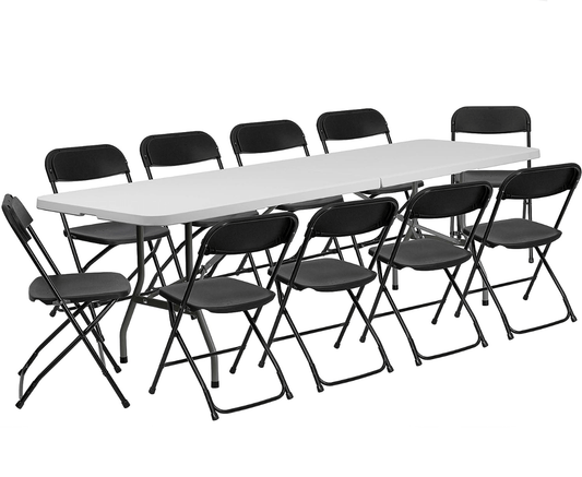 Pack 10 Sillas Plegables Flash Negro + Mesa Plegable 180cm - Relámpago.Shop